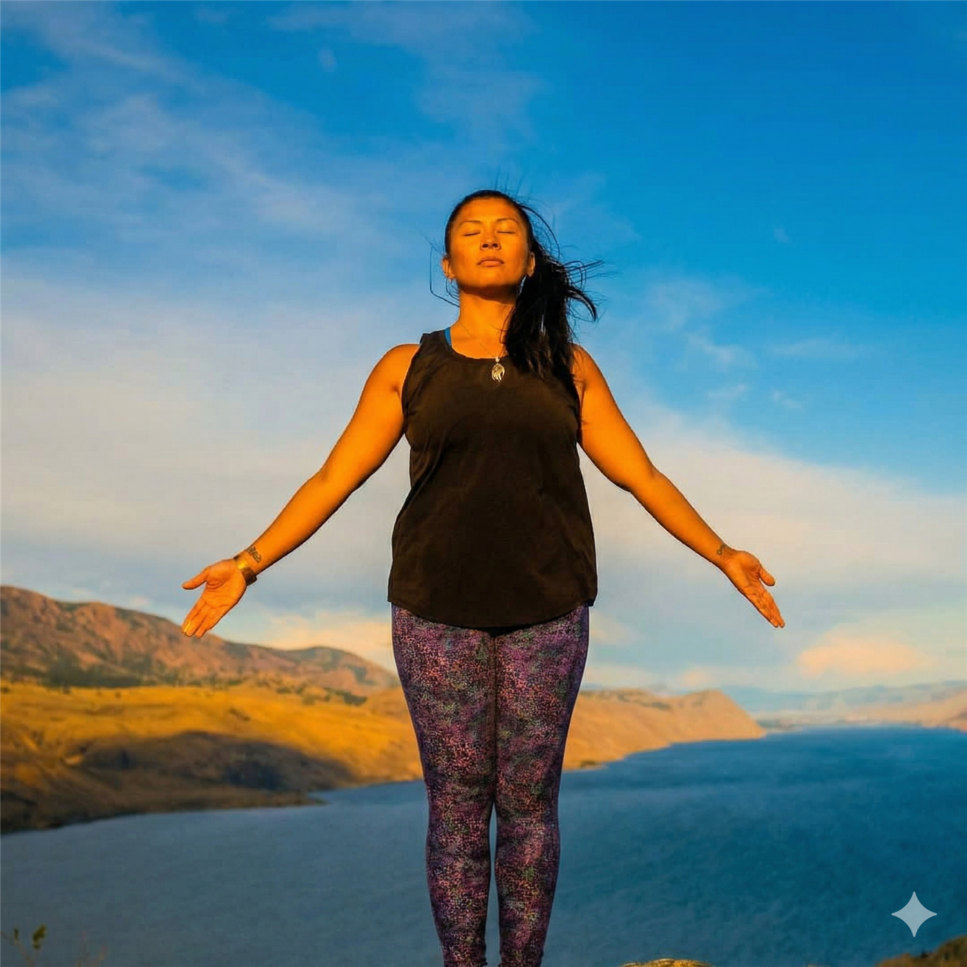 Rose Cortez, yoga instructor, arms open on a mountain overlooking a lake at golden hour