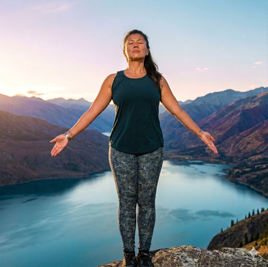 Rose Cortez, yoga instructor, arms open on a mountain overlooking a lake at golden hour